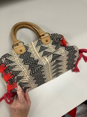 Miss Albright Speciality Woven Chevron Satchel Handbag in Black, Cream & Red